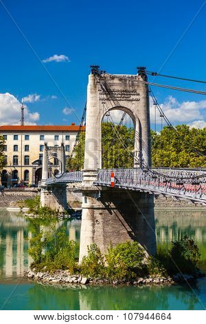 Old Passerelle Du College Bridge Over Rhone River In Lyon, France