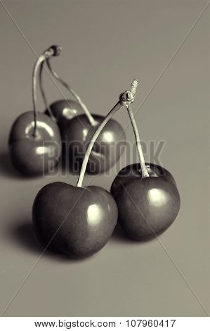 Cherries Isoladed On Grey, Black And White Image
