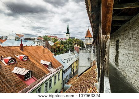 View Of St. Olaf  Cathedral And The Streets Of Old Tallinn City Wall.