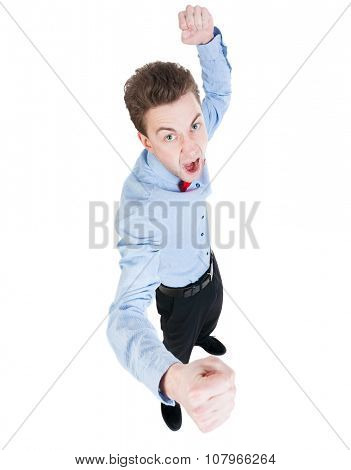 skinny guy funny fights waving his arms and legs. Isolated over white background. Funny guy clumsily boxing. Top view of swings in a fight looking for a baboche.