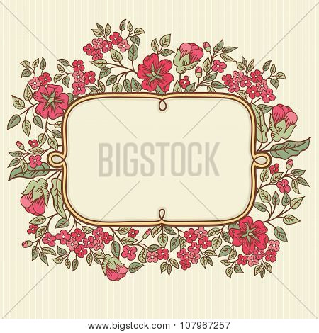 Vector Vintage Greeting Card With A Doodle Flowers Bouquet And Frame For Text On Retro Striped Backg