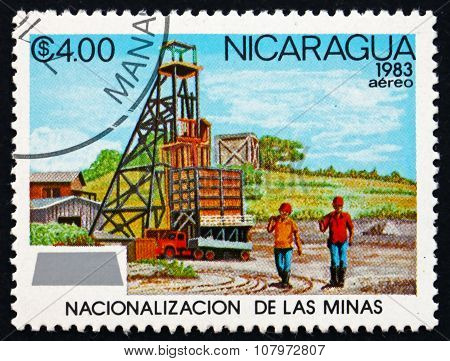 Postage Stamp Nicaragua 1983 Mine Headstock, Workers