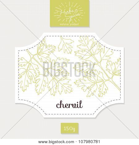 Product sticker with hand drawn chervil leaves. Spicy herbs packaging design