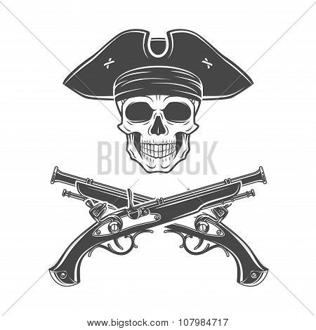 Evil captain skull in cocked hat vector. Jolly Roger logo template. death t-shirt design. Pistol ins