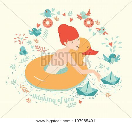 Girl with duck lifebuoy floating paper boats on water