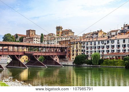 The Old Wooden Bridge Spans The River Brenta At The Village Basano Del Grappa
