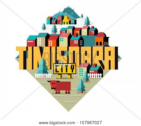Timisoara beautiful city in europe. vector cartoon illustration