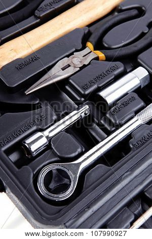 toolbox set of tools include hammer wrench bit driver pliers hex key bush level hex key