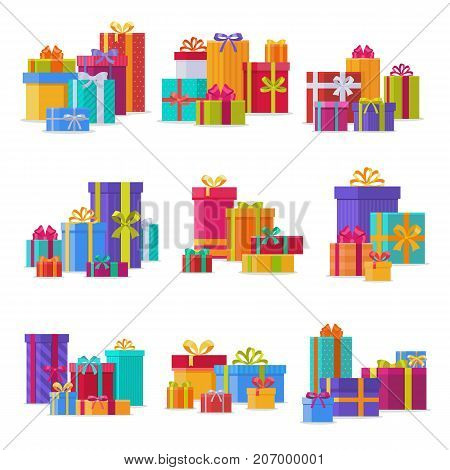 Gift box anniversary event satin greeting object with ribbon and bow isolated valentine paper birthday package festive party shopping wrap vector illustration. Surprise elegance birthday present.