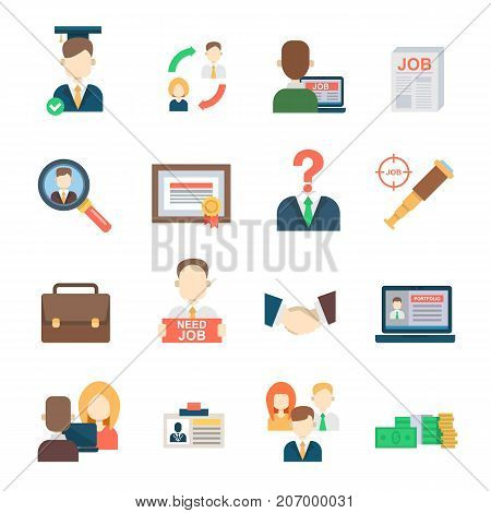 Job search set office human resourses recruitment employment work meeting manager vector icons of labor work team meeting manager. Interview employee resources career strategy set.
