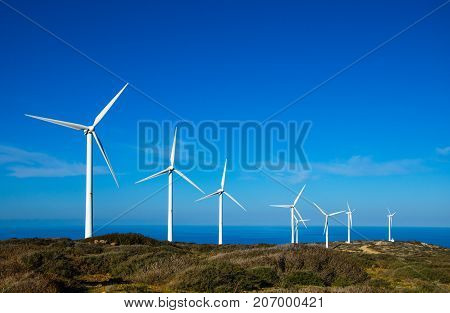 Wind turbines at a wind farm, Crete, Greece
