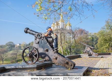 Chernigov,Ukraine, October 19, 2011: Chernigov shaft and Catherine Church Chernigov. Ukraine