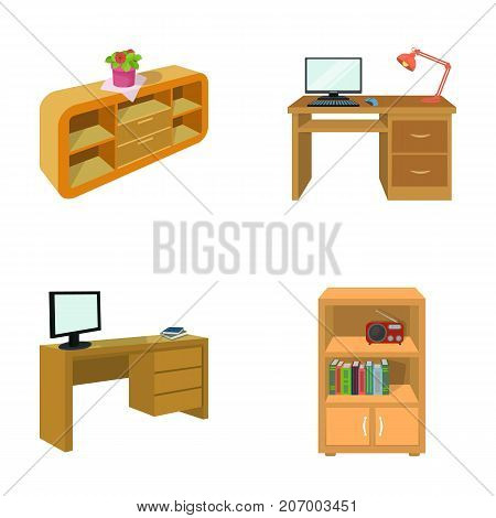 A shelf with a flower, a desk with a computer and a lamp, a table with a monitor and a book, a cabinet with documents and a radio.Furniture and interior set collection icons in cartoon style isometric vector symbol stock illustration .