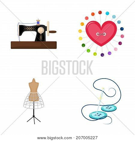 Needle and thread, sewing machine, pincushion, dummy for clothing. Sewing and equipment set collection icons in cartoon style vector symbol stock illustration .