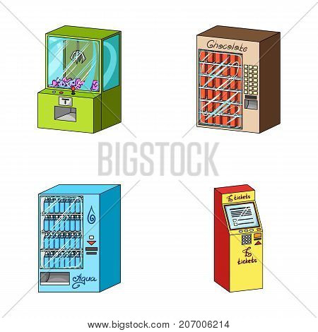 A game machine, a ticket sales terminal, an automaton for selling aqua and chocolate. Terminals set collection icons in cartoon style isometric vector symbol stock illustration .
