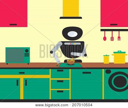 Household robot preparing noodles at kitchen. Personal robot chef futuristic concept illustration vector.