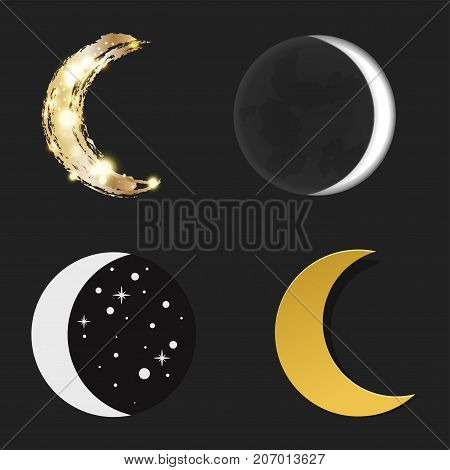 Different moon nature cosmos cycle satellite surface whole cycle from new moon month to full surface star astrology sphere. Vector illustration moon month astronomy space lunar.