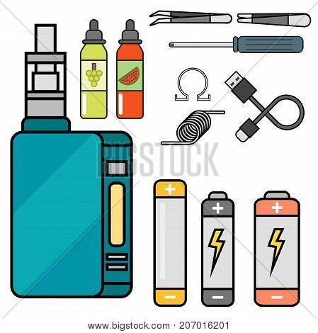 Vape device vector set cigarette vaporizer vapor juice vape bottle flavor illustration battery coil. Trend new culture electronic nicotine liquid. Smoking atomizer device e-liquid.