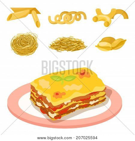 Different types of pasta whole wheat corn rice noodles organic food kitchen yellow nutrition dinner products vector illustration. Cooking spaghetti italy traditional ingredient.