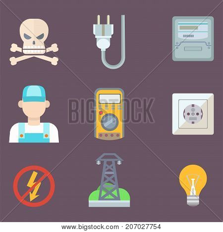 Energy electricity power icons battery vector collection electrician voltage socket technology warning lightning equipment. Industrial connector adapter and power station.
