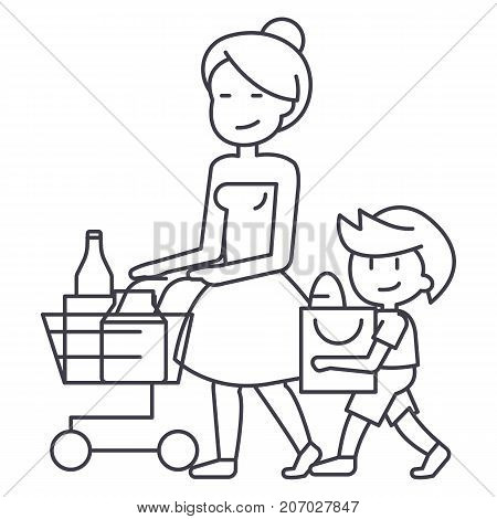 shopping grocery, mother with son and shopping cart vector line icon, sign, illustration on white background, editable strokes