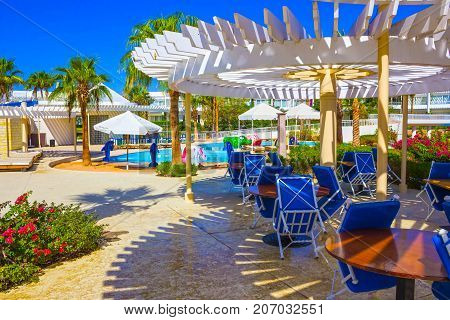 Sharm El Sheikh, Egypt - September 26, 2017: Buildings and pool area at Monter Carlo Sharm Resort and SPA at Sharm El Sheikh, Egypt on September 26, 2017