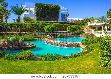 Sharm El Sheikh, Egypt - September 26, 2017: Buildings and pool area at Monter Carlo Sharm Resort and SPA at Sharm El Sheikh, Egypt on September 26, 2017