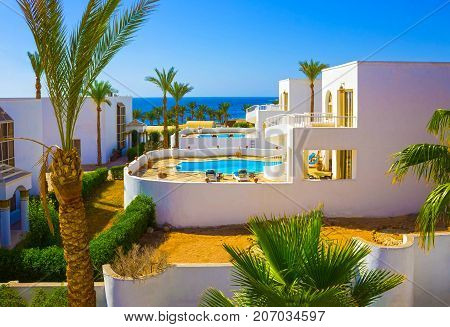 Sharm El Sheikh, Egypt - September 26, 2017: Buildings and pool area at Monter Carlo Sharm Resort and SPA at Sharm El Sheikh, Egypt on September 26, 2017