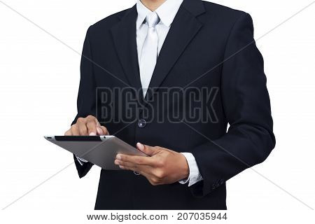 Asian businessman in suit formal wear using tablet computer isolated on white background with clipping path. Asia male model in his 30s