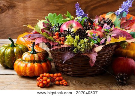 Fall Wicker Basket Table Centerpiece With Squash