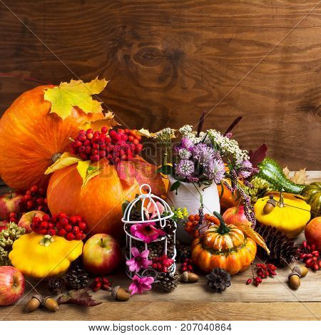 Fall Arrangement With Pumpkins And Decorated Birdcage, Copy Space