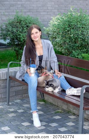 Beautiful young woman sitting on wooden bench and enjoy with her cute little dog husky.