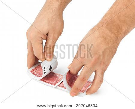 Hand and playing cards isolated on white background