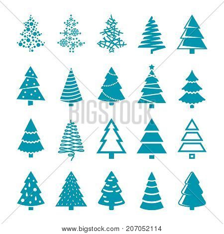 Black silhouette christmas trees vector stylized simple symbols. Set of trees for xmas and new year silhouette monochrome illustration
