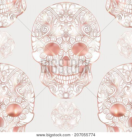Seamless pattern, background with human skull in rose gold colors. Stock line vector illustration.