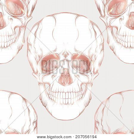 Seamless pattern, background with human skull in rose gold colors. Stock line vector illustration.