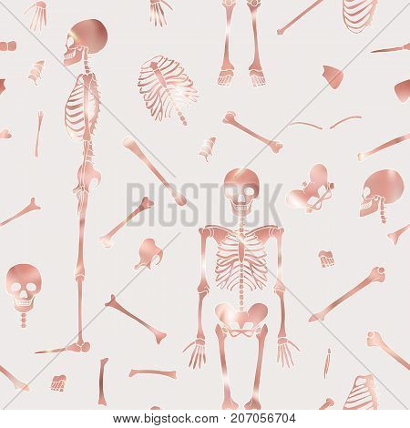 Seamless pattern, background with dancing skeletons in rose gold color. Stock vector illustration.