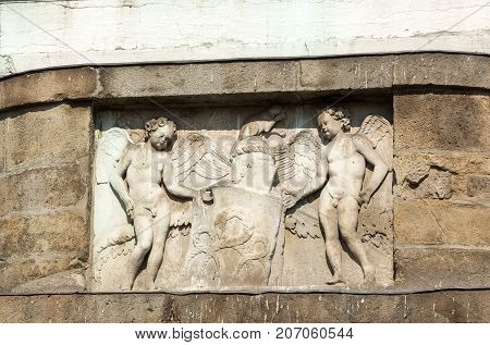 The pedestal under the Equestrian statue of Gattamelata in Padua. Italy