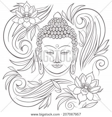 Gautama buddha with closed eyes representing during meditation, floral pattern around him, vector illustration isolated on white background
