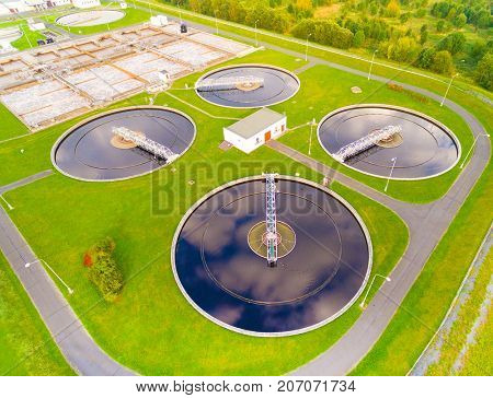 PILSEN CZECH REPUBLIC - SEPTEMBER 27, 2017: Aerial view to sewage treatment plant. Grey water recycling. Waste management for 165, 000 inhabitants of Pilsen city in Czech Republic, Europe. 