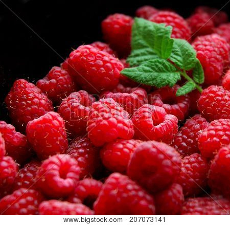 Raspberries closeup on a black background with a green leaf.