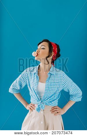 Asian Woman Blowing Bubble Gum