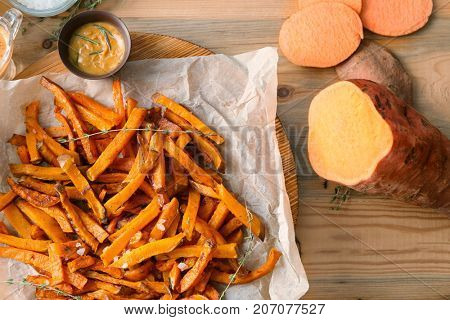 Sweet potato fries on table