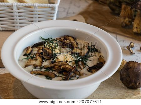 creamy soup of forest mushrooms, dill, eggs and cream - Kulajda