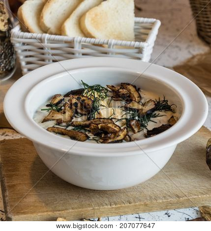creamy soup of forest mushrooms, dill, eggs and cream - Kulajda