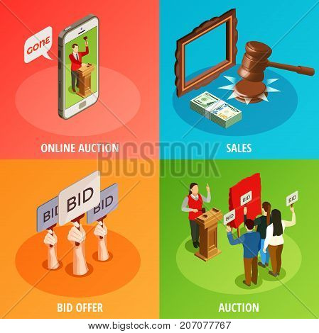 Auction isometric 2x2 design concept with images of human hands holding auction paddles and smartphone online application vector illustration