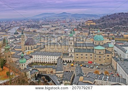 View from Hohensalzburg Castle. Salzburg, Austria. Church of St. Peter`s Abbey and Benedectine Monastery. December 2016.