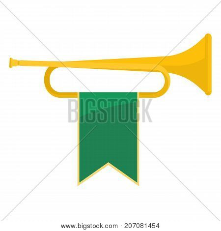 Golden bugle with green ribbon on it, brass instrument represented alone, icon on vector illustration isolated on white background