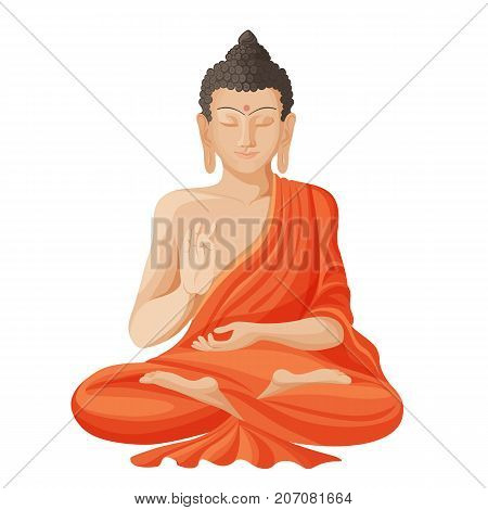 Gautama buddha with closed eyes and raised right hand, sitting and meditating, dressed in clothes realistic vector illustration isolated on white
