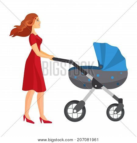 Buggy fit ultimate outdoor fitness class mother jogging with stroller vector illustration. Mother carrying blue pram on walk vector isolated on white